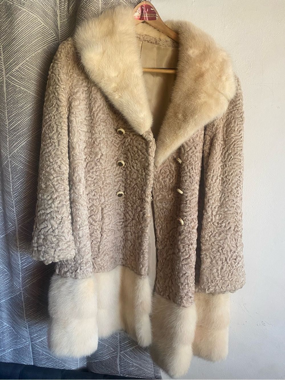 Schiaparelli Paris Persian Curly Lamb Fur Coat Camel Mink Collar RARE VTG 1950s